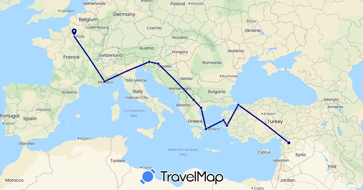TravelMap itinerary: driving in France, Greece, Croatia, Macedonia, Slovenia, Syria, Turkey (Asia, Europe)